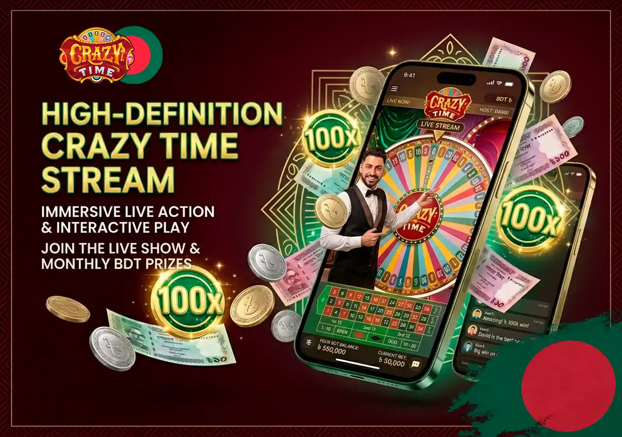 High definition live stream of Crazy Time game show on mobile phone in Bangladesh